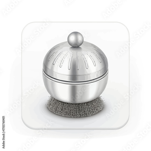 A metallic steel dish scrubber cleaning concept rendered in 3D