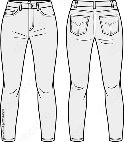 Jeans technical sketch, front and back view, belt loops, button closure, coin pocket, decorative stitching, slim fit, fashion illustration, garment template, denim design
