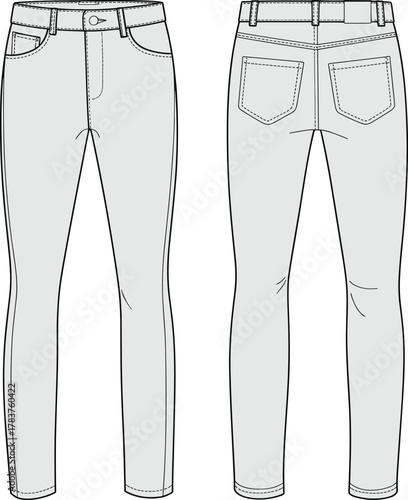 Jeans technical sketch, front and back view, slim fit, zipper fly, coin pocket, rear patch pockets, fashion illustration, garment template, apparel design, denim style