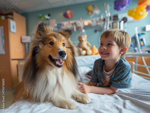 Boy and Rough Collie in a hospital room share a happy moment. A teddy bear and toys sit on the bed.