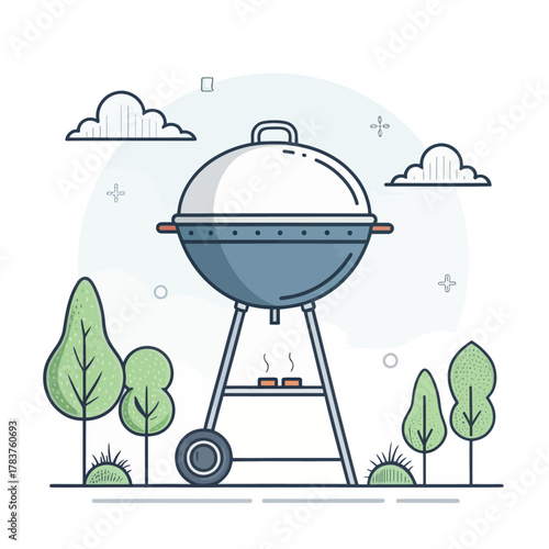 A vector illustration of an outdoor barbecue grill with its lid