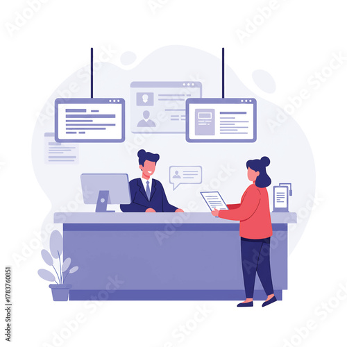 Customer service at a financial institution, digital interface, and reception desk