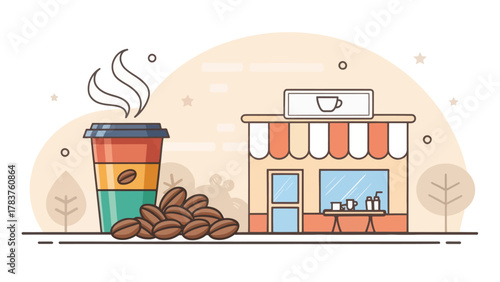 Colorful Coffee Cup and Beans Vector Illustration of a Cozy Shop