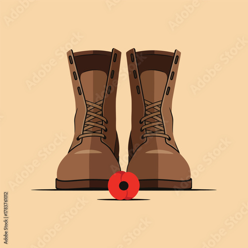 Empty Military Boots with Red Poppy - Remembrance Day Flat Design Icon