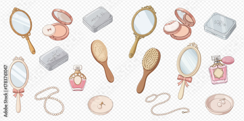 Watercolor illustration of vintage beauty and personal care items including mirrors, brushes, perfume, makeup, and jewelry.