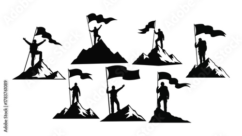 Mountain climber silhouettes with flags isolated on white background, Vector