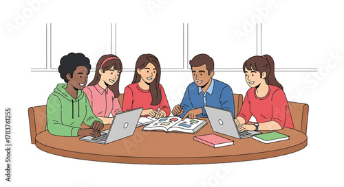 Group of students collaborating on a project around a table