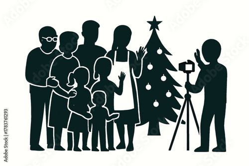 Family Taking Christmas Group Photo with Tree on White Background