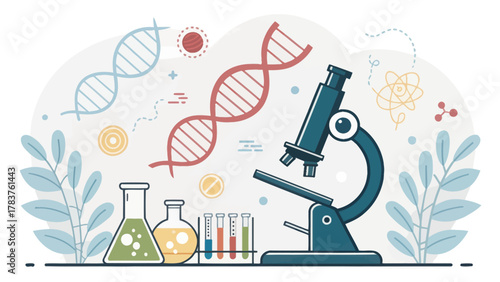 Colorful Medical Research Illustration with Microscope and DNA Symbols