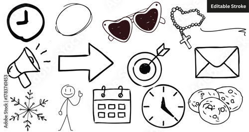 Set of various hand drawn doodle icons. Vector sketch collection of clock, arrow, target, and calendar elements. Editable stroke.