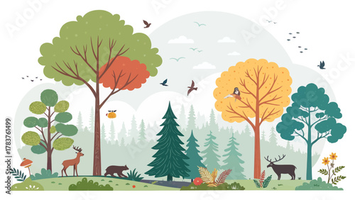 Colorful Minimal Vector Scene of Forest Trees and Wildlife