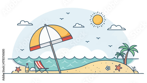 Colorful Umbrella and Waves on the Beach in Summer Sunlight