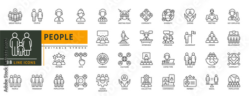 Minimalist People line icons set with editable stroke, featuring couple, man, woman, person, community, speaking, interview, leadership, audience, vote, family, caring, care. thin linear illustration.