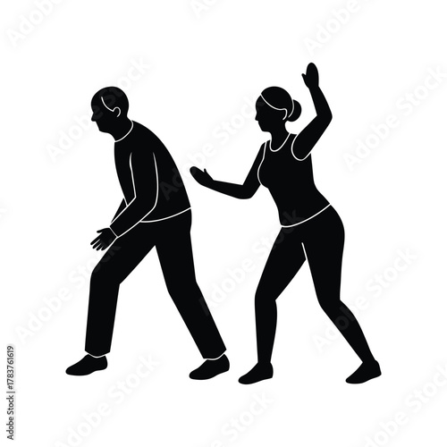 Vector silhouette of a man being chased or attacked by a woman, depicting a domestic violence scene, with a white background