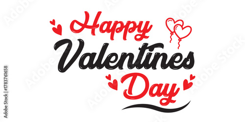 Valentines Day elegant hand text banner. Valentine greeting card template with calligraphy happy valentine`s day and red heart in line on white background. Vector illustration 