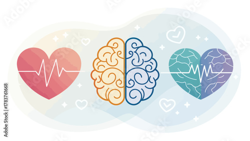 Colorful Vector Icons Depicting Mental Health Brain and Heart