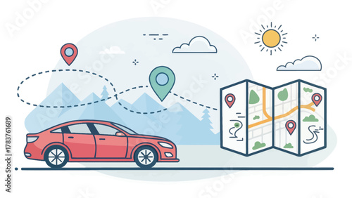 Colorful Vector Icons of a Car and Map for Road Trip