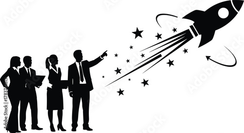 Business team watching rocket launch, startup success concept, innovation growth, leadership vision, corporate strategy, future planning, entrepreneurship, teamwork inspiration