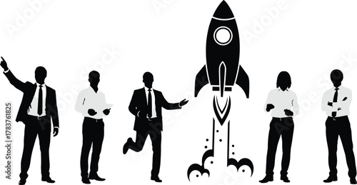 Silhouette business team with rocket launch, startup growth, innovation strategy, leadership vision, teamwork success, corporate ambition, future planning, motivation
