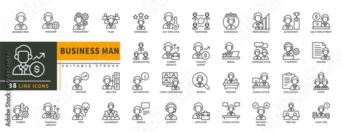 Minimalist Business Man line icons set with editable stroke, featuring  manager, management, team, experience, break, coordinating, finance expert, it support, search,speake. thin linear illustration.