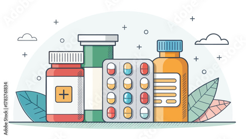 Colorful Vector Illustration of Medicine Bottles and Pills