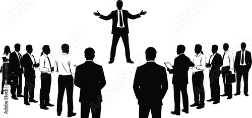 Silhouette business team with leader speaking, corporate presentation, teamwork support, leadership strategy, professional meeting, motivation, unity, success, communication