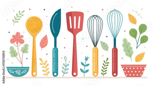 Colorful Vector Kitchen Utensils on a Minimal Flat Background