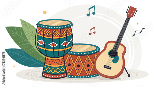 Colorful Vector Music Instrument Icons Illustrating Traditional Drums and Guitar