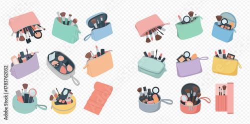 Collection of colorful makeup bags and cosmetic pouches filled with beauty products and brushes, set against a transparent background.
