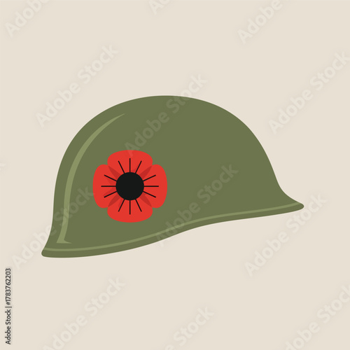 Minimalist Flat Design Retro Military Helmet with Red Poppy Icon on Beige Background