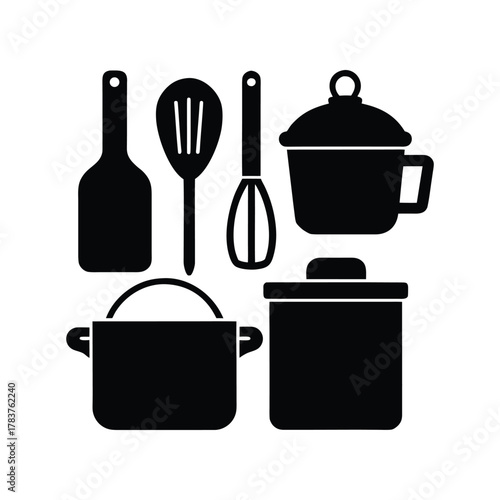 Collection of black and white kitchen utensil icons, perfect for culinary and cooking projects, representing various cooking tools and elements