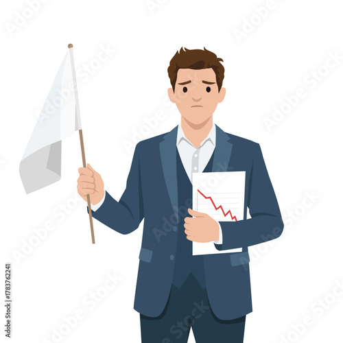 Sad Businessman Holding White Flag and Financial Loss Chart. Flat vector illustration isolated on white background