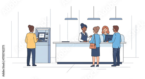 Customers and Bank Teller Interacting at a Financial Institution with an ATM Machine