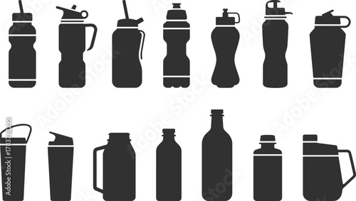 Drink container silhouettes, water bottle icons, thermos shapes, jar designs, beverage vessel set, lid variations, flat vector illustration