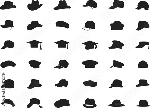 Hat silhouette collection, fashion headwear icons, cap and helmet shapes, cultural hat styles, accessory variety set, flat vector illustration