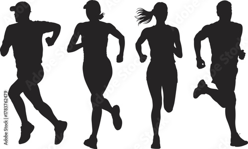 Running silhouette poses, athletic motion icons, fitness activity shapes, jogger movement figures, sports training set, flat vector illustration