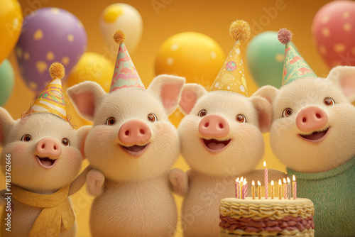 Four pigs celebrate a birthday around a cake in a party room. A colorful cake with lit candles sits before the pigs.