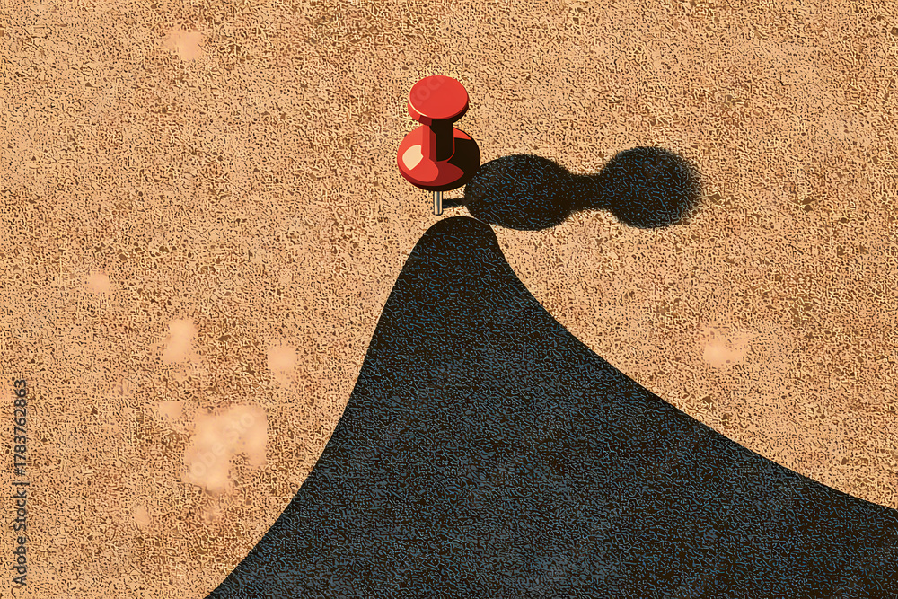 Fototapeta premium Enigmatic Self-Restraint: A Surreal Vector Illustration Showcasing a Thumbtack's Captivating Struggle to Subdue its Own Shadow