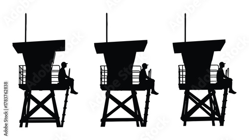 Lifeguard tower and guard silhouettes isolated on white background, Vector