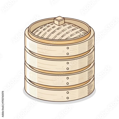 Vector illustration of a bamboo steamer with stacked food layers
