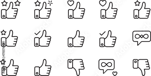 Collection of hand drawn thumb up and thumb down icons with hearts and stars