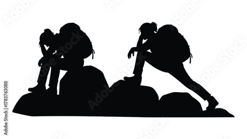 Two hikers resting silhouette isolated on white background, Vector
