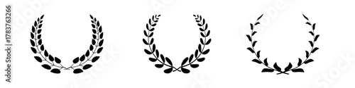 Set of black circular foliate laurels branches.Laurel wreath.Silhouette laurel wreath