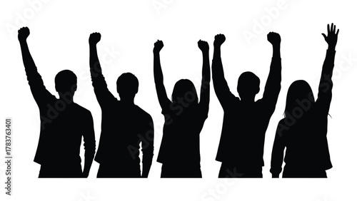 Group of people with raised arms silhouette isolated on white background, Vector