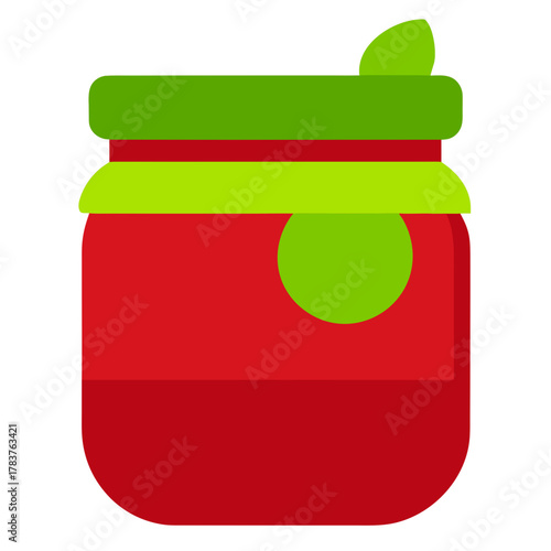 Red jar with green lid and leaf. fruit preserve jam container icon.