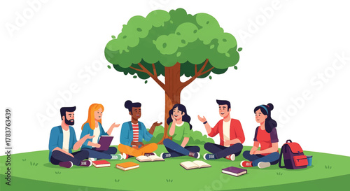 Diverse group of young students engaging in a collaborative study session outdoors, beneath the shade of a large, leafy tree on a grassy lawn