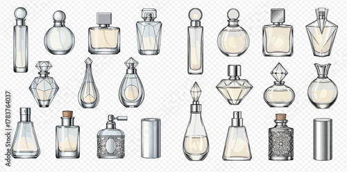 A diverse collection of elegant perfume bottles in various shapes and sizes, showcasing different designs for fragrances and personal care products.