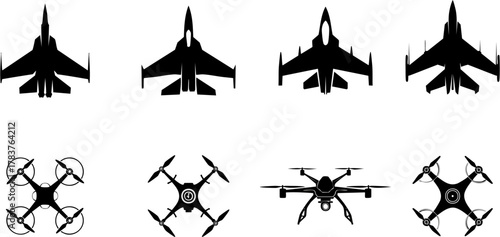 Silhouette illustration features jets and drones, in top-down view, set against a white background