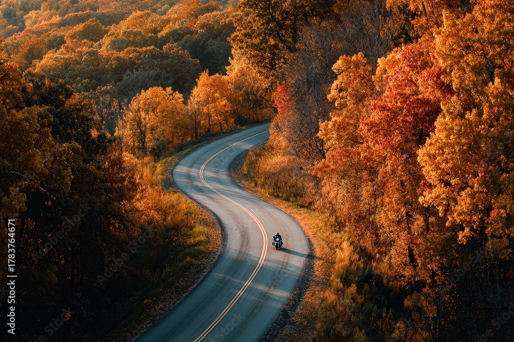 Naklejka premium A winding road through a vibrant autumn forest, showcasing a lone motorcyclist enjoying the scenic landscape.