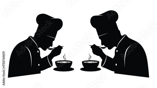 Chefs tasting soup silhouette isolated on white background, Vector